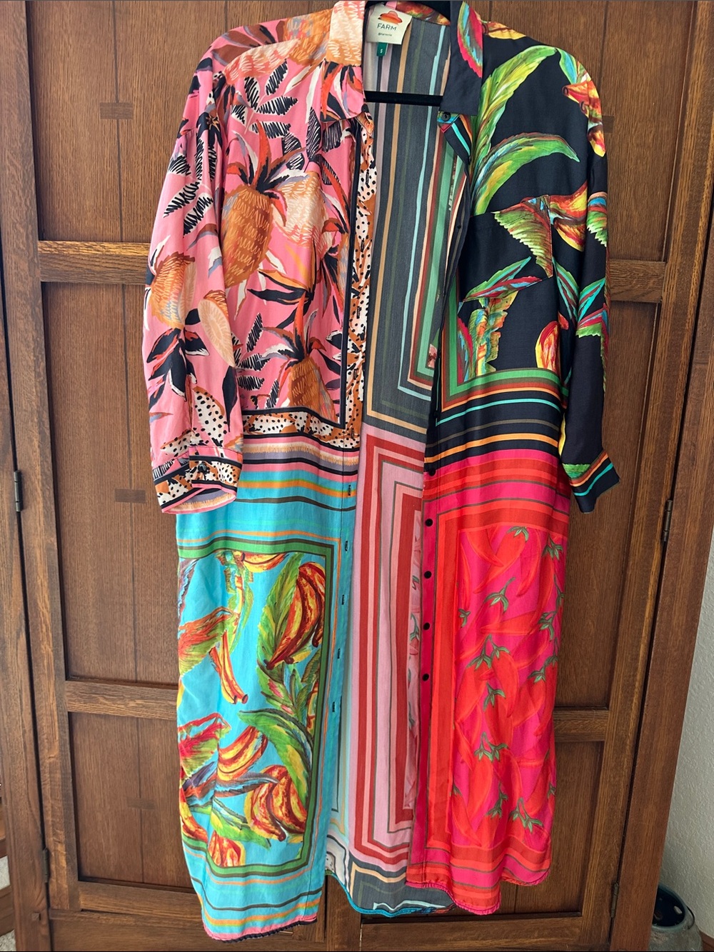 FARM Rio Multicolor Tropical Patchwork Maxi Dress with Pink and Turquoise Panels